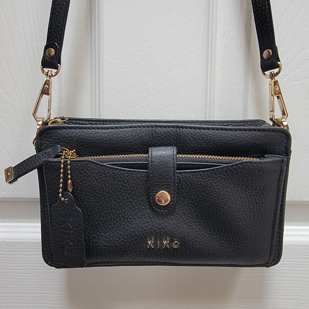 Kiko Black Pebbled Leather Crossbody Bag with Gold Hardware